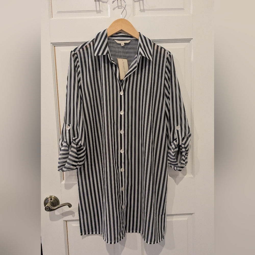 NWOT Spiaggia Dolce Cover Up Navy White Striped Button-Up, Size Medium